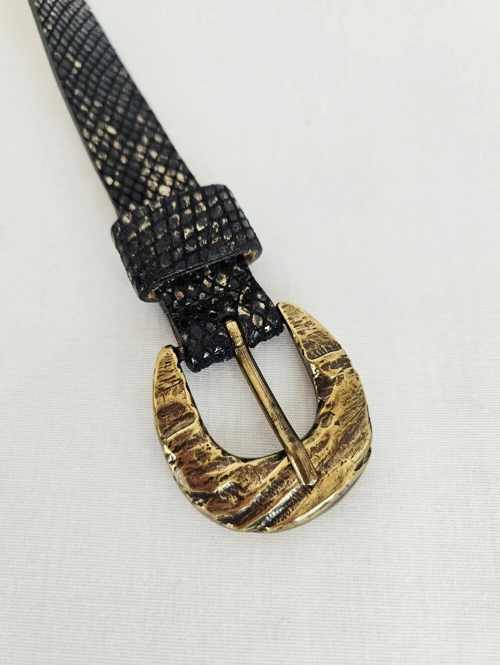 Streets Ahead Snake Embossed Leather Belt Hammered Gold Buckle USA M